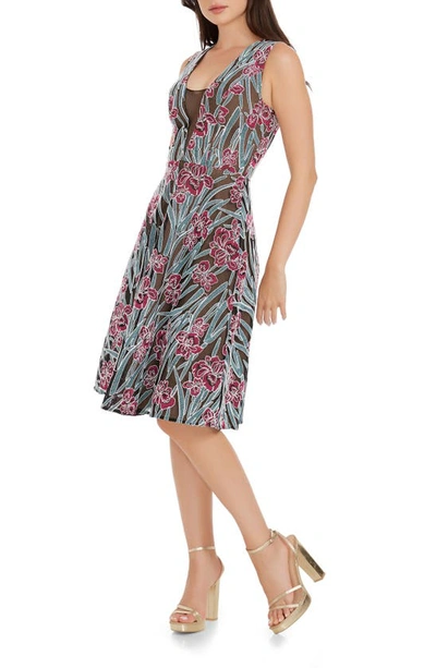 Shop Dress The Population Macie Floral Embroidery Fit & Flare Dress In Fuchsia Multi
