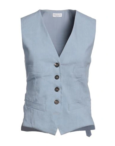 Shop Brunello Cucinelli Woman Tailored Vest Pastel Blue Size 10 Linen, Viscose, Elastane, Brass, Acetate