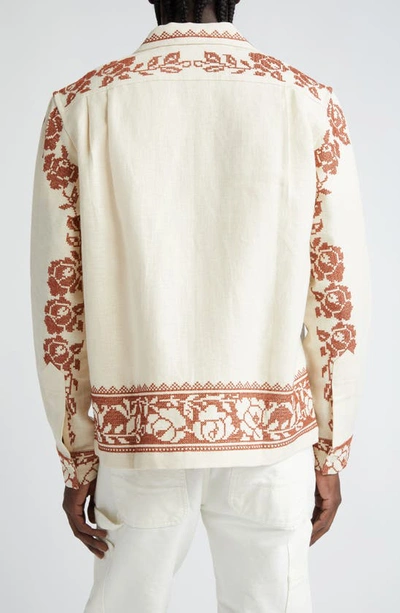 Shop Bode Cross Stitch Rose Garland Linen Camp Shirt In Brown White