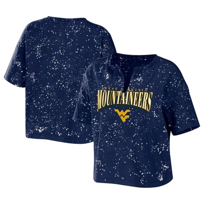 Shop Wear By Erin Andrews Navy West Virginia Mountaineers Bleach Wash Splatter Cropped Notch Neck T-shirt