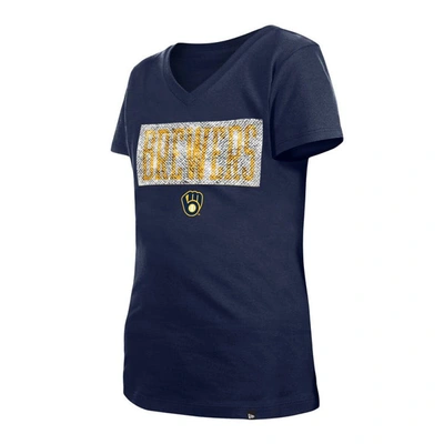 Shop New Era Girls Youth  Navy Milwaukee Brewers Flip Sequin Team V-neck T-shirt