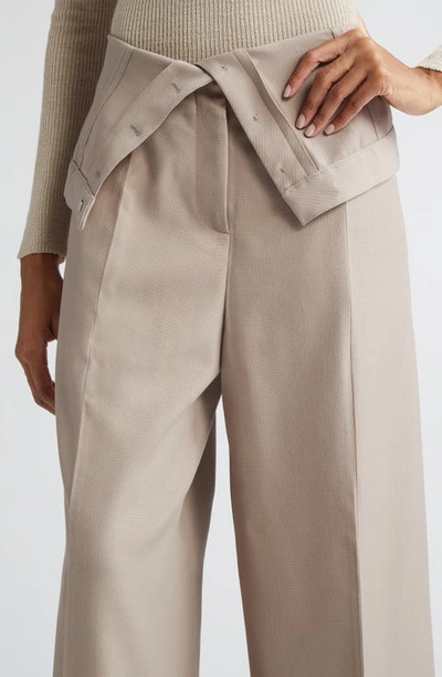 Shop Acne Studios Foldover Waist Pleated Recycled Polyester & Wool Wide Leg Trousers In Cold Beige