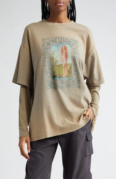 Shop Acne Studios Edra Layered Look Distressed Cotton Graphic T-shirt In Mud Brown