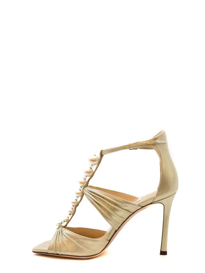 Jimmy Choo Open Toe Pearl T-bar Sandals In White