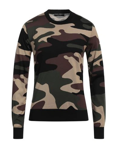 Dolce & Gabbana Silk Round-neck Sweater With Camouflage Intarsia In Brown