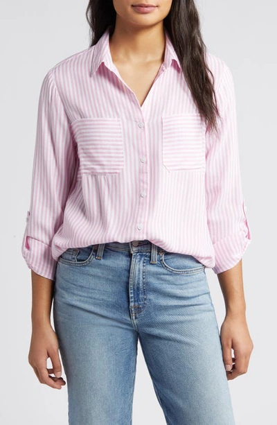 Shop Beachlunchlounge Kaia Stripe Long Sleeve Button-up Shirt In Pink Sunset