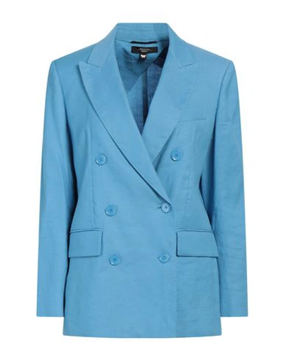 Shop Weekend Max Mara Woman Blazer Azure Size 8 Linen, Cotton, Elastane In Blue
