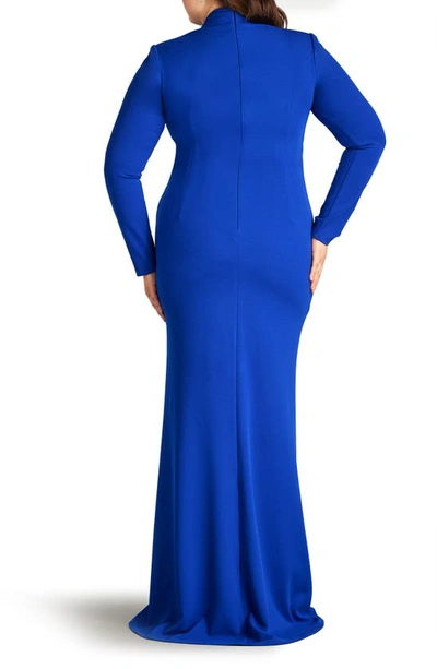 Shop Tadashi Shoji Ruched Long Sleeve Column Gown In Mystic Blue