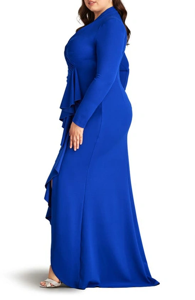 Shop Tadashi Shoji Ruched Long Sleeve Column Gown In Mystic Blue