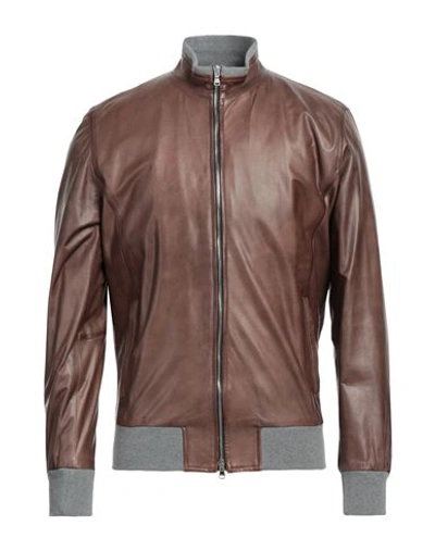 Shop Barba Napoli Man Jacket Khaki Size 44 Leather In Beige