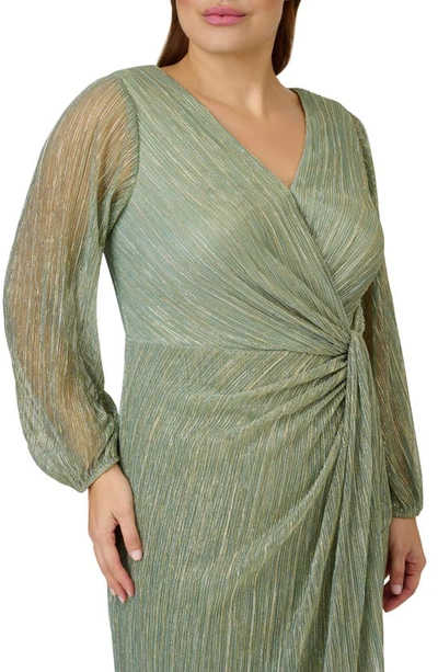 Shop Adrianna Papell Metallic Long Sleeve Mesh Evening Gown In Green Slate