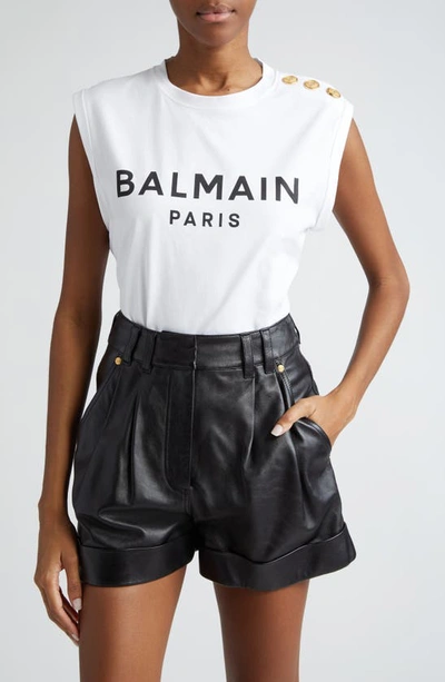 Shop Balmain Cotton Logo Graphic Tank In White/ Black