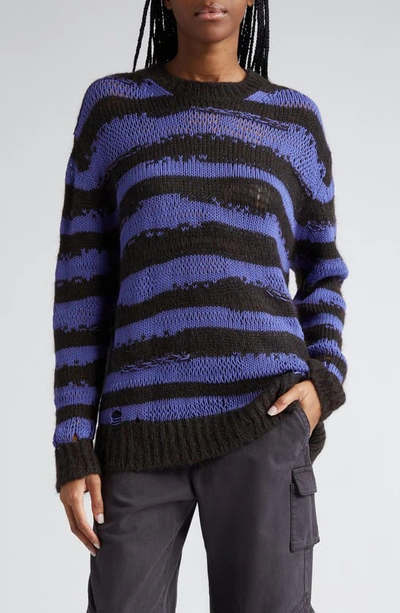 Shop Acne Studios Karita Distressed Stripe Open Stitch Cotton, Mohair & Wool Blend Sweater In Warm Charcoal Grey /purple