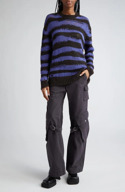 Shop Acne Studios Karita Distressed Stripe Open Stitch Cotton, Mohair & Wool Blend Sweater In Warm Charcoal Grey /purple