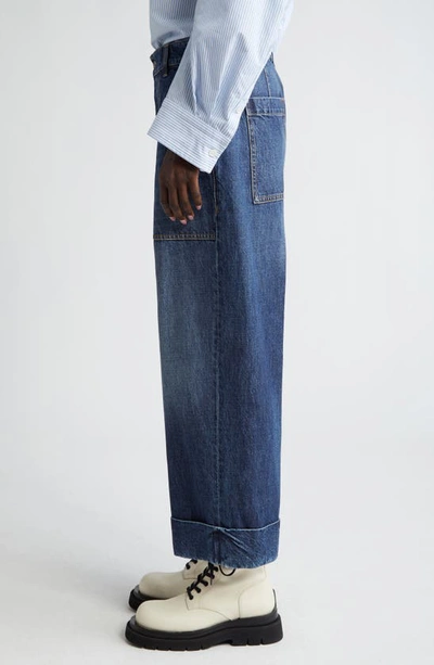 Shop Bottega Veneta Cuffed High Waist Wide Leg Jeans In Mid Blue