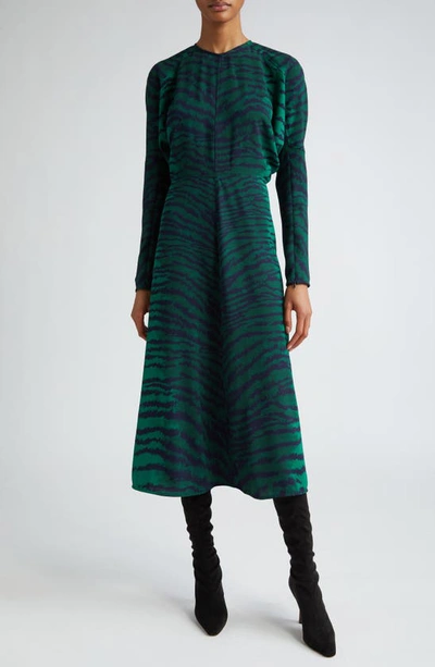 Shop Victoria Beckham Tiger Print Long Sleeve Midi Dress In Tiger Allover - Green/ Navy