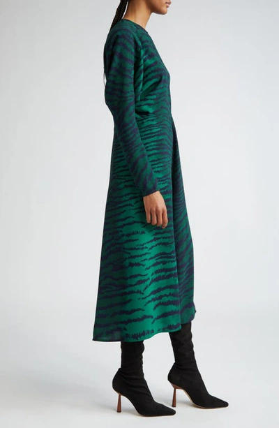 Shop Victoria Beckham Tiger Print Long Sleeve Midi Dress In Tiger Allover - Green/ Navy