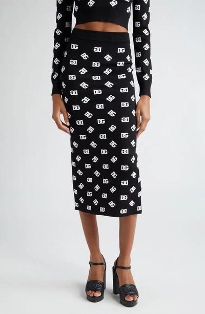 Shop Dolce & Gabbana Monogram Jacquard Midi Sweater Skirt In Nero/ Bianco