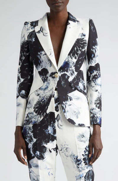 Shop Alexander Mcqueen Chiaroscuro Floral Peaked Lapel One-button Jacket In Ink