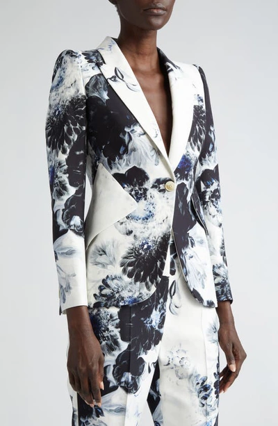 Shop Alexander Mcqueen Chiaroscuro Floral Peaked Lapel One-button Jacket In Ink
