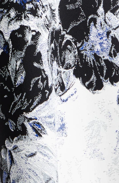 Shop Alexander Mcqueen Chiaroscuro Floral Jacquard Off The Shoulder Knit Midi Dress In White/ Black/ Blue