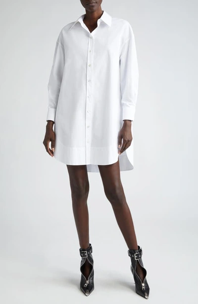 Shop Alexander Mcqueen Long Sleeve High-low Shirtdress In Opticalwhite