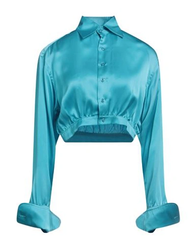Shop Woera Woman Shirt Turquoise Size 2 Silk In Blue