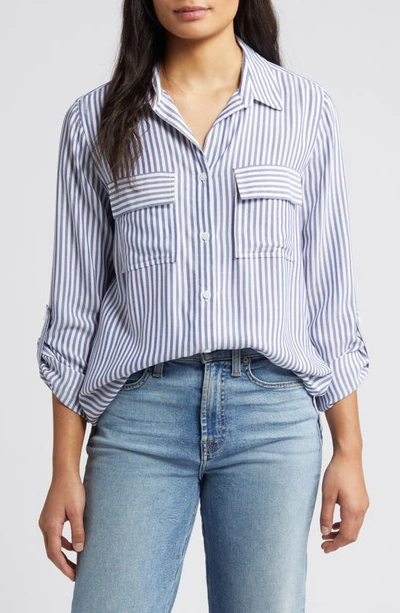 Shop Beachlunchlounge Farrah Stripe Button-up Shirt In Majestic Blue