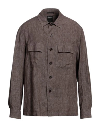 Shop Zegna Man Shirt Dark Brown Size Xxl Linen