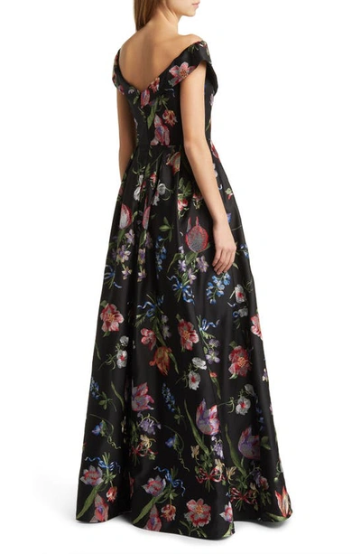 Marchesa Notte Pleated Off-shoulder Floral-embroidered Gown In Black Multi