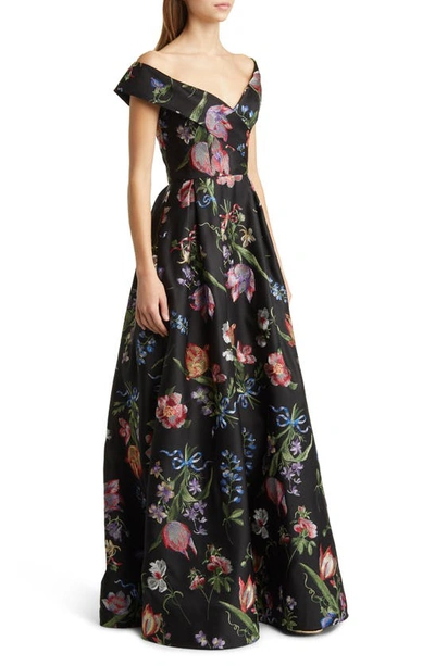 Marchesa Notte Pleated Off-shoulder Floral-embroidered Gown In Black Multi