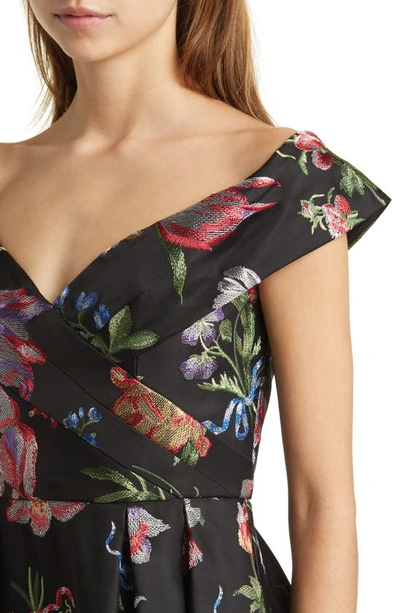 Marchesa Notte Pleated Off-shoulder Floral-embroidered Gown In Black Multi