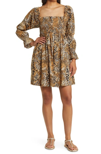 Shop Lilly Pulitzer Beyonca Print Smocked Long Sleeve Dress In Rattan Walk On The Wild Side