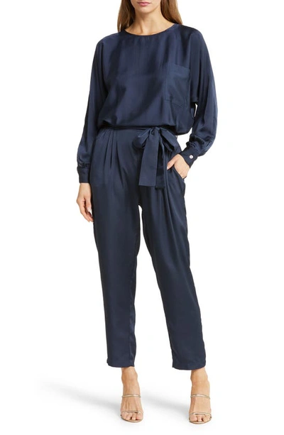 Shop Melloday Tie Waist Long Sleeve Satin Jumpsuit In Navy