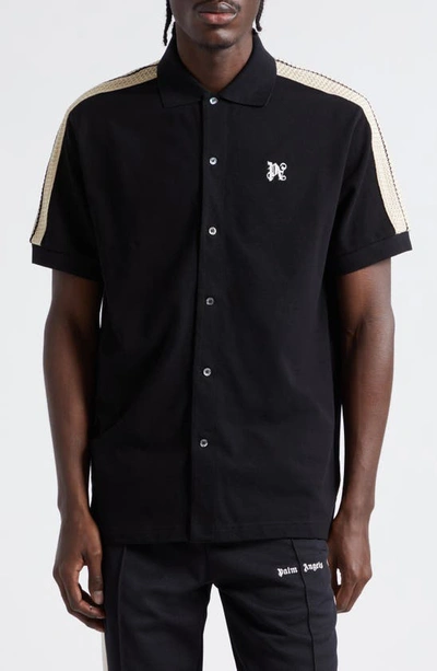 Shop Palm Angels Monogram Track Short Sleeve Knit Button-up Shirt In Black Off White