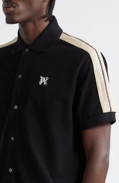 Shop Palm Angels Monogram Track Short Sleeve Knit Button-up Shirt In Black Off White