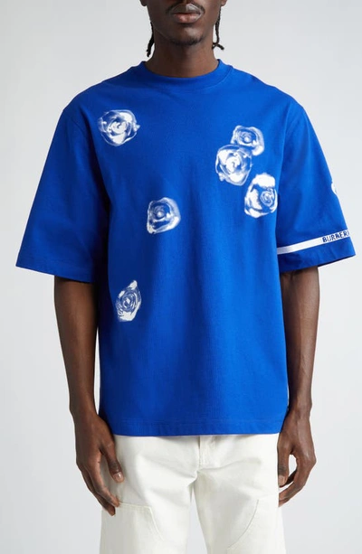 Shop Burberry Rose Print Stretch Cotton T-shirt In Knight
