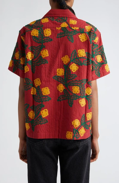Shop Bode Marigold Wreath Embroidered Cotton Camp Shirt In Maroon Multi
