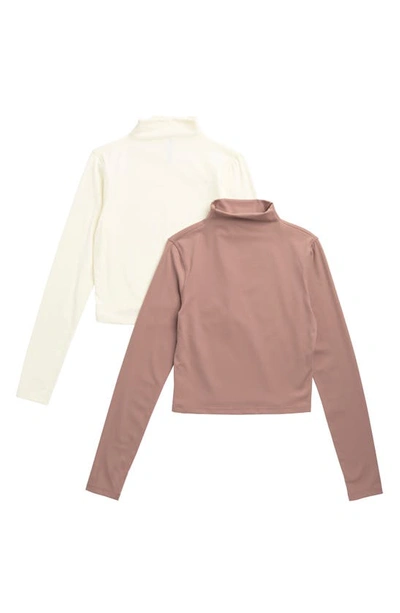 Shop Yogalicious Zenly Evelyn Set Of 2 Funnel Neck Long Sleeve Crop Tops In Gardenia/ Antler