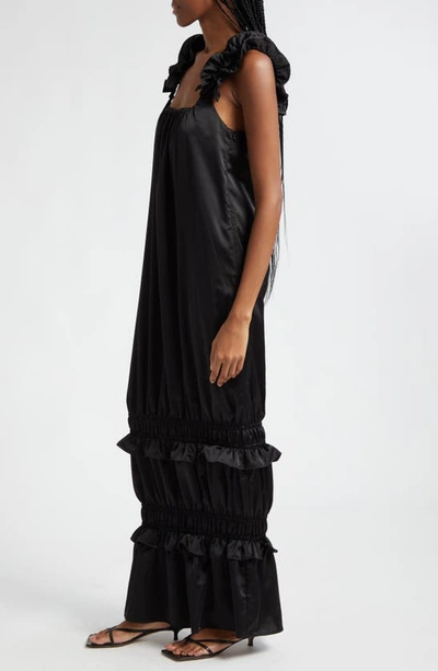 Shop Oríré Favori Ruffle Trim Satin Maxi Dress In Black