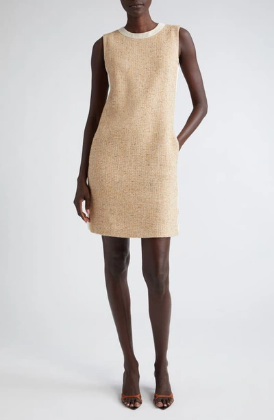 Shop St John Crepe Trim Sleeveless Tweed Dress In Light Sand