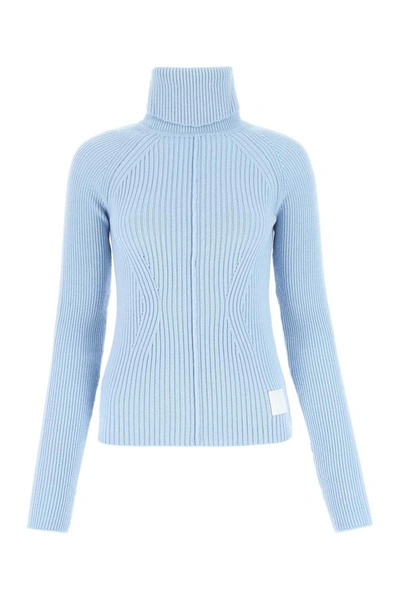 Marc Jacobs Fitted Ribbed Turtleneck Sweater With Vertical Texture In Light Blue