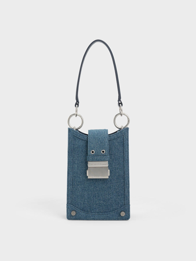 Shop Charles & Keith Winslet Denim Belted Phone Pouch In Denim Blue