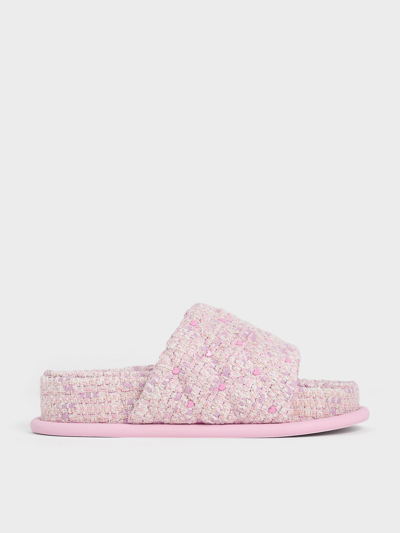 Shop Charles & Keith - Dahlia Tweed Quilted Heart-print Sandals In Pink