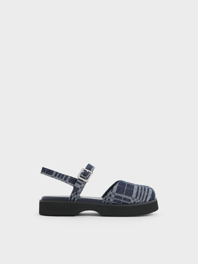 Shop Charles & Keith Girls' Denim Plaid Ankle-strap Flats In Dark Blue
