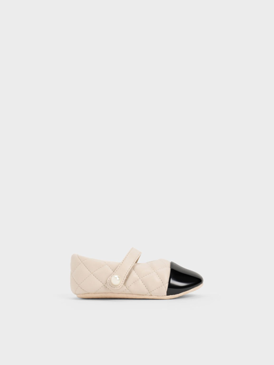 Shop Charles & Keith Girls' Quilted Two-tone Mary Jane Flats In Cream