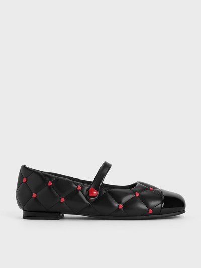 Shop Charles & Keith Girls' Quilted Heart-motif Mary Janes In Black