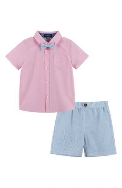 Shop Andy & Evan Woven Button-up Shirt, Bow Tie & Shorts Set In Light Pink