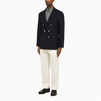 Shop Brunello Cucinelli Navy Blue Double-breasted Jacket In Linen And Wool Men