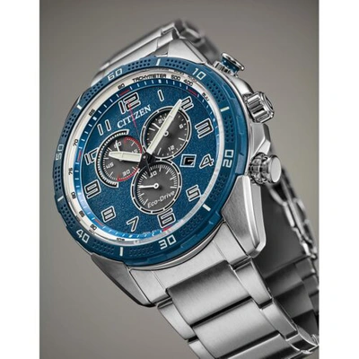 Pre-owned Citizen Ar Eco-drive Blue Dial Chronograph Stainless Steel Watch At2440-51l